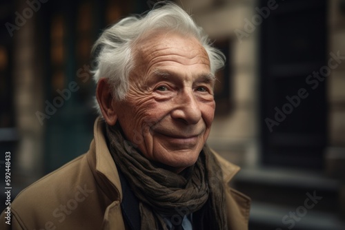 Portrait of a senior man with grey hair and scarf on the street