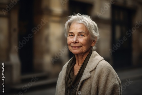 Portrait of smiling senior woman in coat looking at camera on street