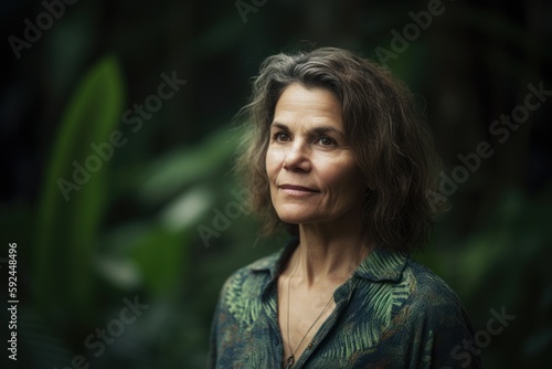 Portrait of a beautiful mature woman looking at camera in the forest
