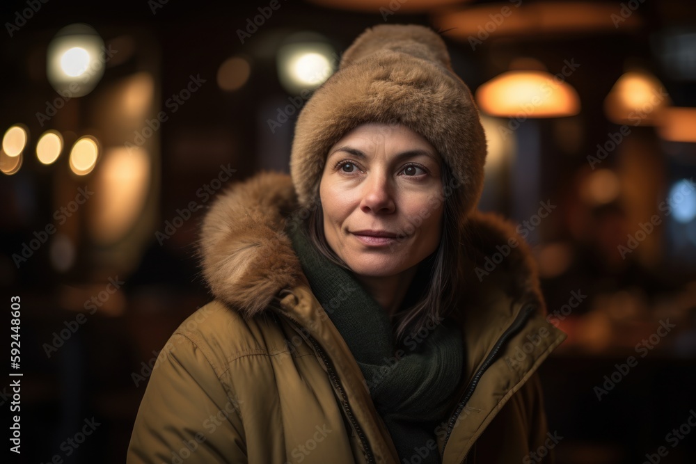 Portrait of a beautiful woman in a winter hat and green jacket Portrait of a beautiful woman in a winter hat and green jacket