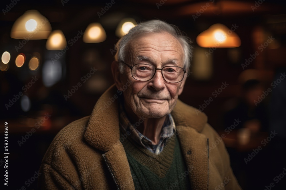 Portrait of an old man with glasses in a cafe, smiling Portrait of an old man with glasses in a cafe, smiling