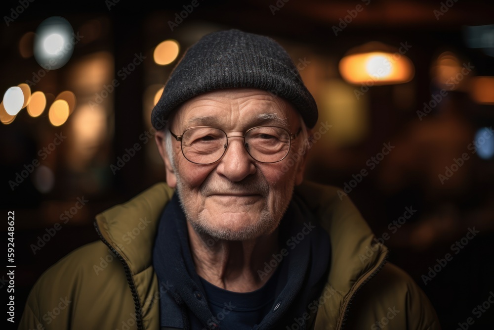 Portrait of an old man with a hat and glasses in a cafe Portrait of an old man with a hat and glasses in a cafe