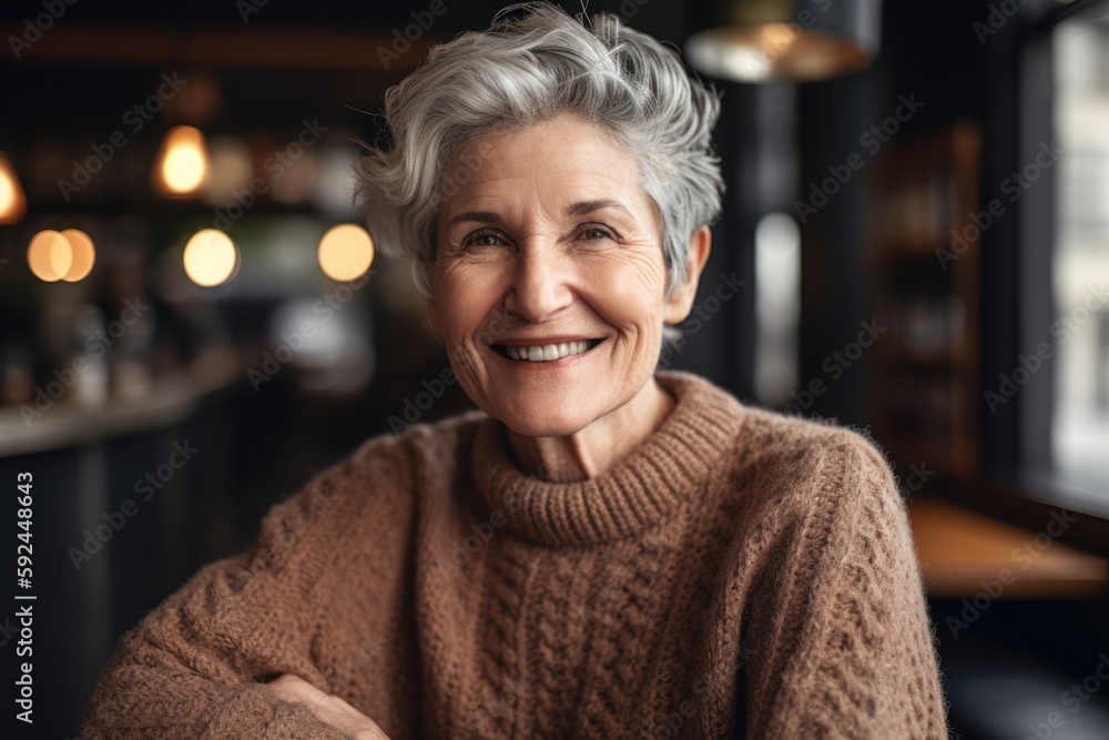 Portrait of smiling senior woman in sweater looking at camera in cafe Portrait of smiling senior woman in sweater looking at camera in cafe