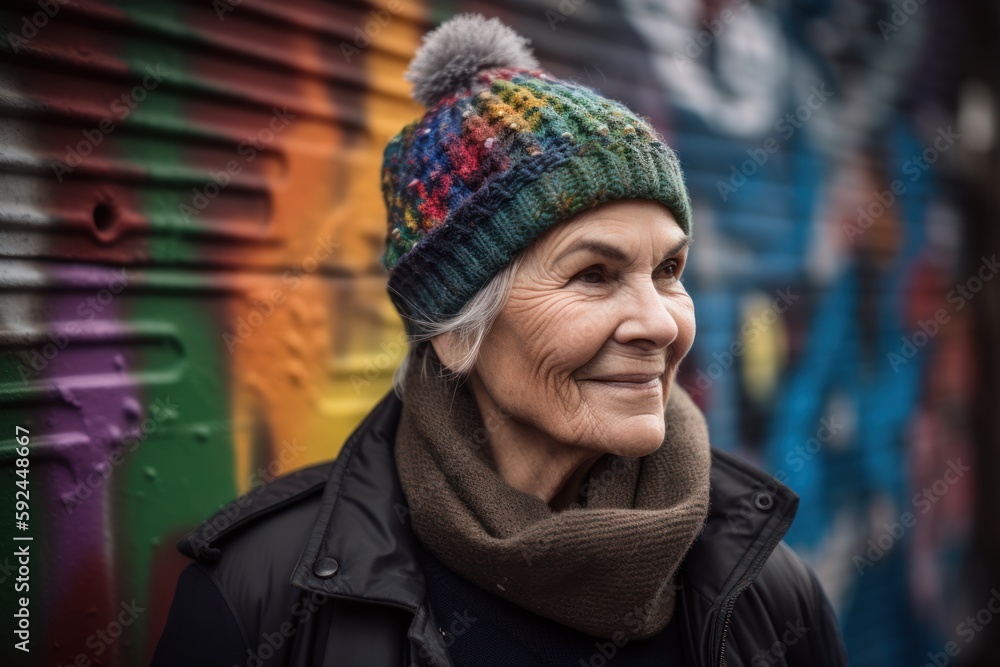Portrait of a happy senior woman in winter clothes against graffiti wall Portrait of a happy senior woman in winter clothes against graffiti wall