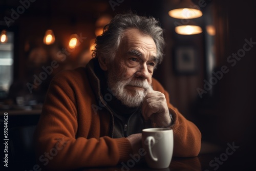 Portrait of a senior man sitting in a cafe with a cup of coffee