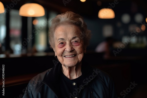Portrait of a smiling senior woman in a cafe, looking at camera