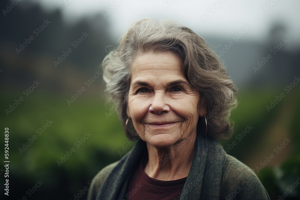 Portrait of smiling senior woman in vineyard on foggy day Portrait of smiling senior woman in vineyard on foggy day