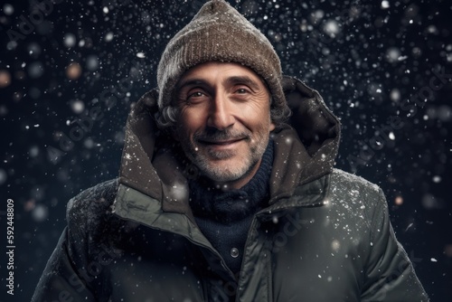 Portrait of a smiling man in a warm jacket and hat standing under snowfall.