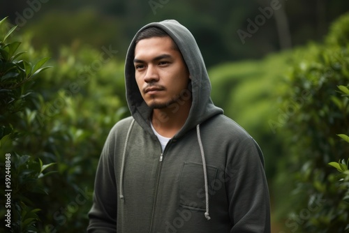 Young Asian man wearing a hoodie standing in a tea plantation.
