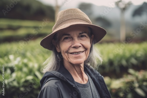Portrait of smiling senior woman with hat standing in tea plantation.