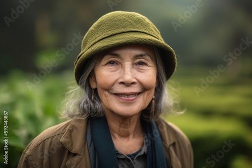 Portrait of smiling senior asian woman in tea plantation, Thailand