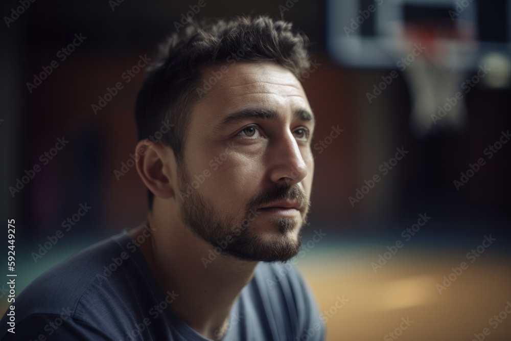 Portrait of a young man sitting in the basketball court looking at the camera