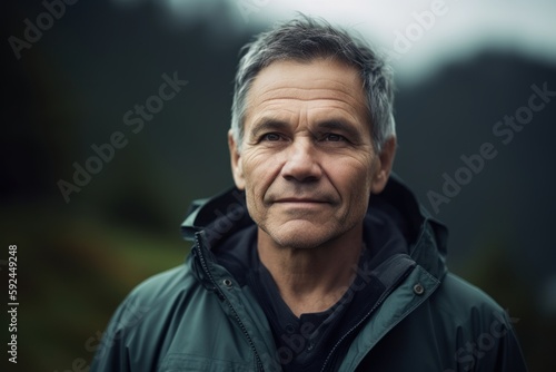 Portrait of a senior man looking at camera in the mountains.