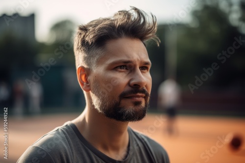 Portrait of a handsome man with a beard on a tennis court