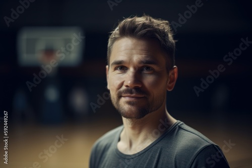 Portrait of a young man looking at camera while playing basketball.