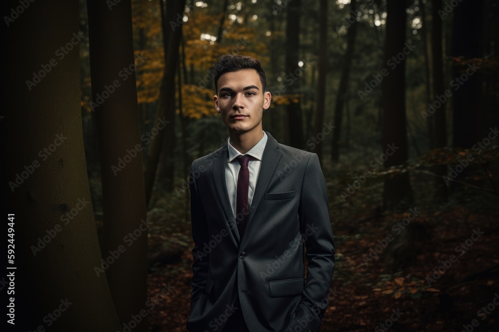 Young handsome man in suit and tie posing in autumn forest. Fashion shot. Young handsome man in suit and tie posing in autumn forest. Fashion shot.