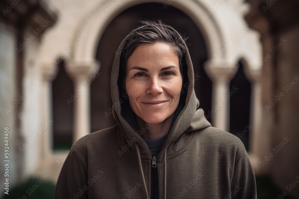 Portrait of a middle-aged woman wearing a hooded sweatshirt Portrait of a middle-aged woman wearing a hooded sweatshirt