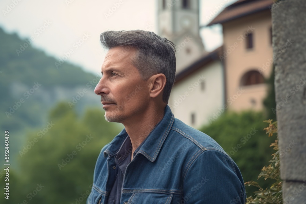 Portrait of a handsome middle-aged man with short hair, wearing a denim shirt and jeans jacket, standing in front of a church on a hill.