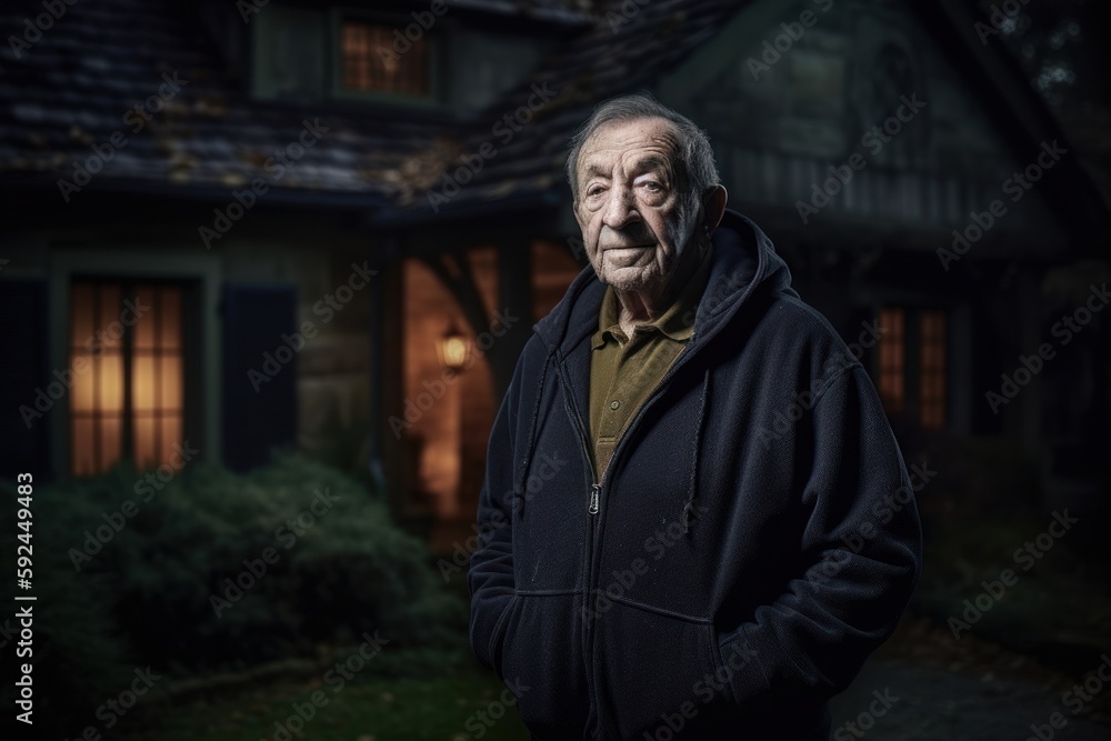 Portrait of an elderly man standing in front of a haunted house Portrait of an elderly man standing in front of a haunted house