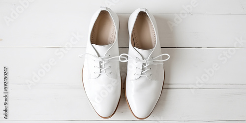 Men’s white dress leather shoes on white wooden background. man's fashion