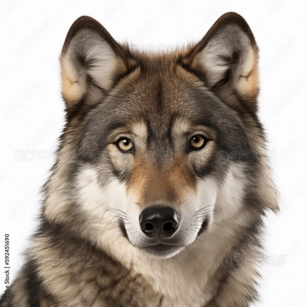 Wolf (Canis lupus) is the largest carnivore of the canine family (Canidae), white Background, AI generated