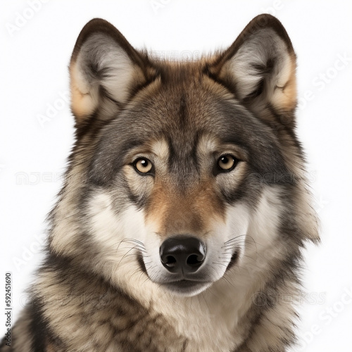 Wolf (Canis lupus) is the largest carnivore of the canine family (Canidae), white Background, AI generated © David Brown