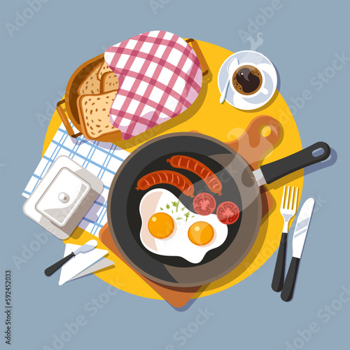 Vector Illustration of traditional breakfast with scrambled eggs, sausages, bread, a cup of coffee. Top view. Classic continental breakfast. Morning food.