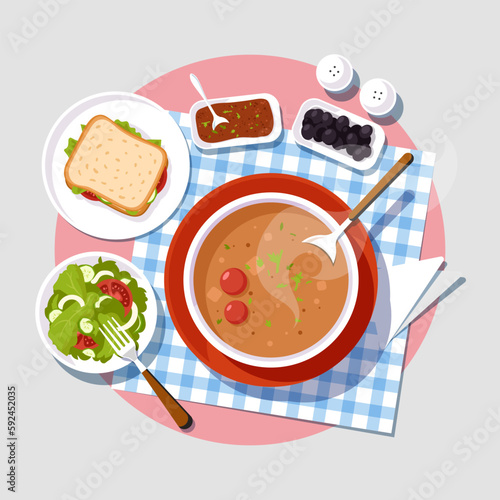 Vector illustration of a traditional healthy lunch or brunch. A plate of soup, vegetable salad, appetizers, sandwich. Top view. Table with homemade food.