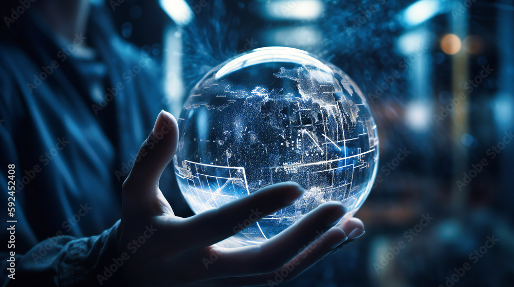 A businessman holding a globe with digital infrastructure A businessman holding a globe with digital infrastructure
