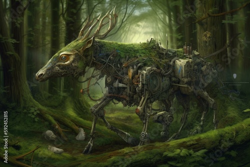 Illustration of biomechanical animals in the forest. Generative AI