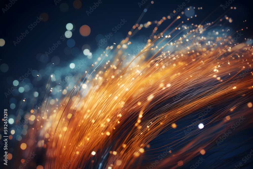 Obraz premium Aerial view of a long fibre optic cable, in the style of dark sky-blue and light amber, quantum wavetracing, Generative Ai