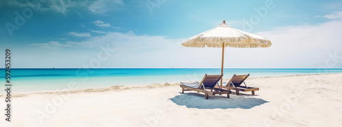 a sunny day on the beach, beach chairs, and parasol, an umbrella, room for copy