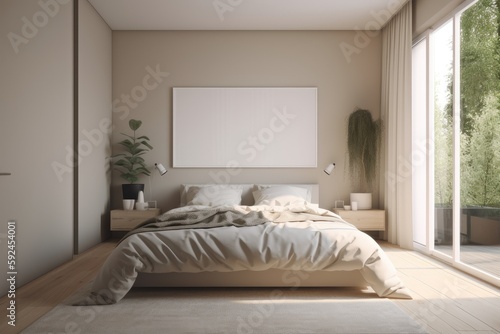 Staged Primary Bedroom Interior with Blank Large Photo Frame Mockup Made with Generative AI © Bryan