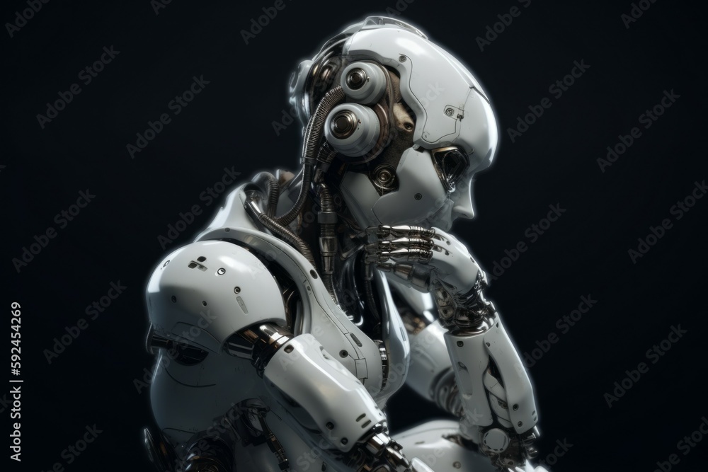 The cutting-edge white robot is deliberating on the best course of action. AI generated, human enhanced The cutting-edge white robot is deliberating on the best course of action. AI generated, human enhanced