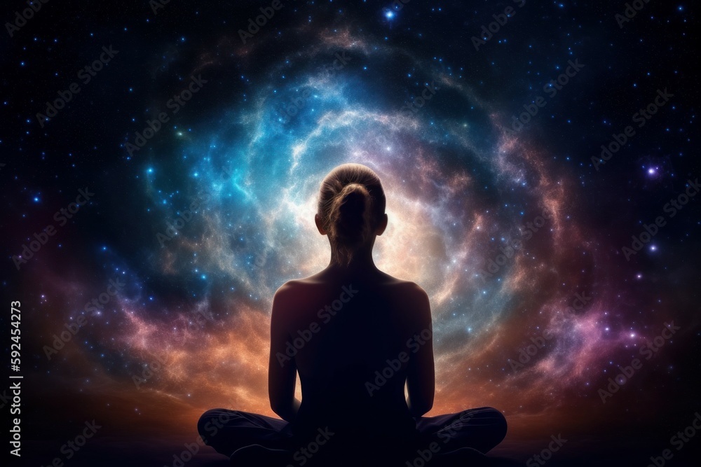 Silhouette of women in Lotus position on the abstract positive energy background . AI generated, human enhanced. Silhouette of women in Lotus position on the abstract positive energy background . AI generated, human enhanced.