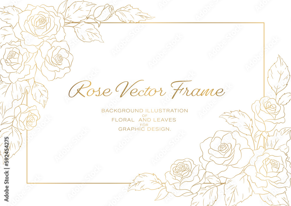 薔薇の花のイラストを装飾したフレーム, カードのテンプレート素材, 白背景に金色の線画.