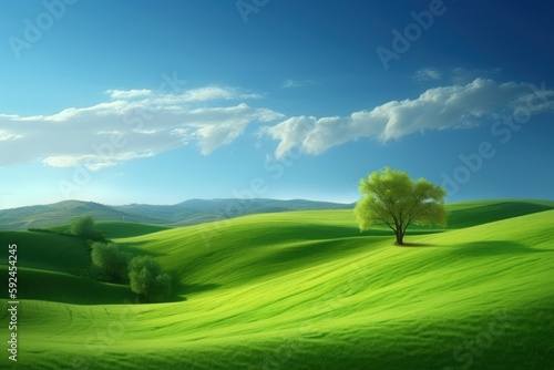 spring landscape with rolling green hills and light blue sky. AI generated, human enhanced.