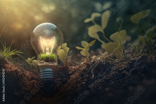 Green Energy and a Bright Future A Light Bulb in Soil. New Ideas for Sustainable Solutions. AI generated, human enhanced