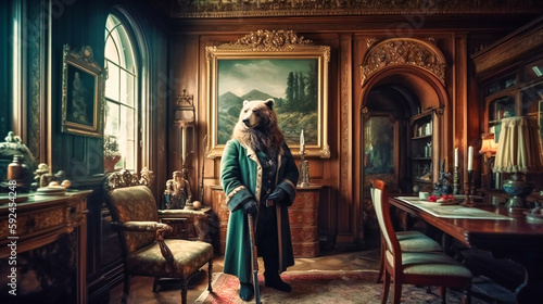 A distinguished bear as a hunter wearing a hunter's suit holding a rifle in a classical room © Rabbi