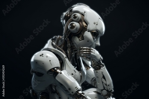 The cutting-edge white robot is deliberating on the best course of action. AI generated  human enhanced