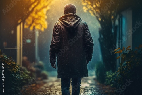 Back view man walking at rain, selective focus. AI generated, human enhanced