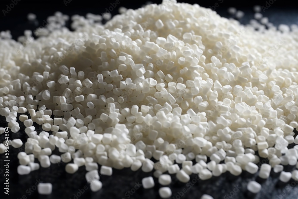 Close up Flat lay of plastic polypropylene granules, selective focus. AI generated, human enhanced. Close up Flat lay of plastic polypropylene granules, selective focus. AI generated, human enhanced.