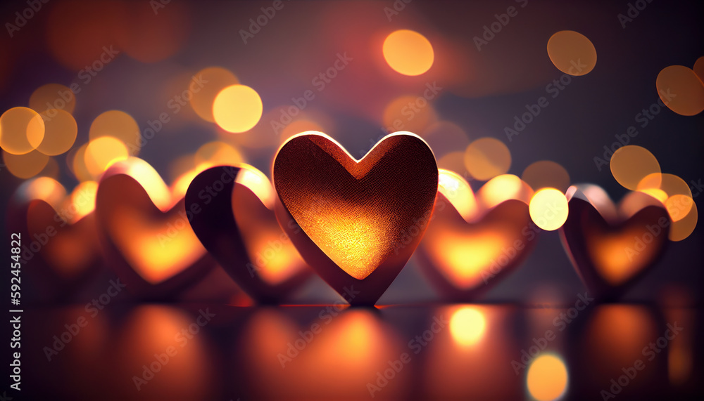 Shiny hearts bokeh light Valentines day background. AI generated