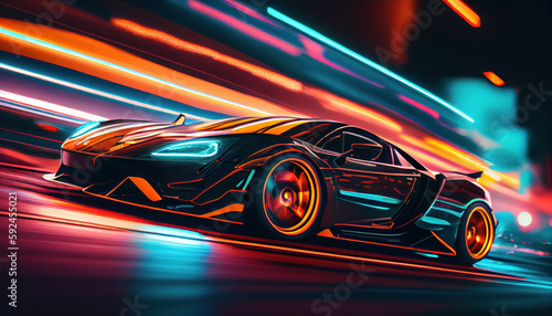 Fast supercar driving at high speed, with stunning neon lights city glowing in the background. Motion blur effect speed