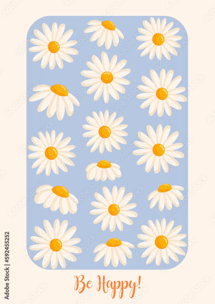 Greeting card with cute chamomile flowers. Botanical vector isolated illustration for postcard, poster, ad, decor, fabric and other uses.