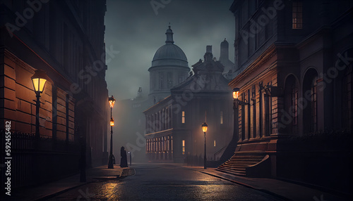 Victorian London on a moody evening with gas lights. Al generated