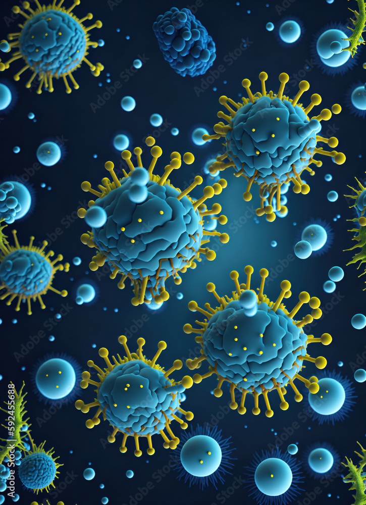 Background with viruses, microscopic view of floating virus cells.