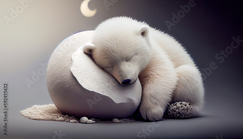 White baby bear sleeping on half moon choldrens stor. Al generated photo