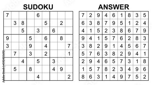 Vector sudoku with answer. Educational game with numbers for kids and leisure for adult on white background.	