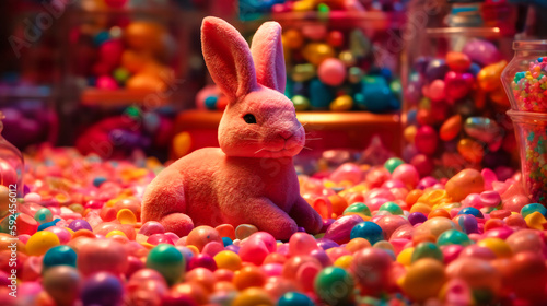 A Gummy bunny in colorful babbles and toys